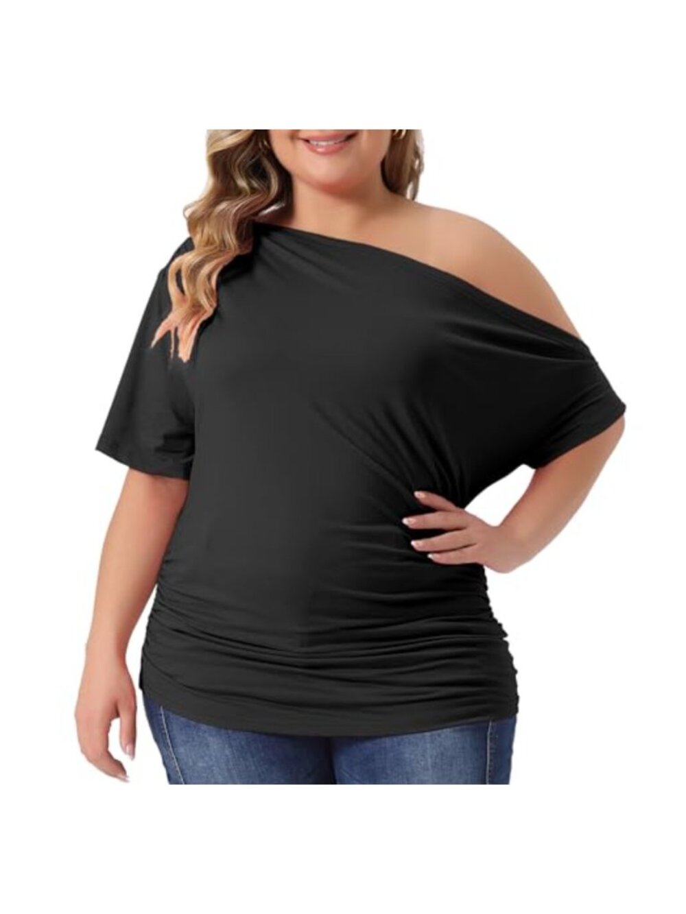 Plus Size One Shoulder Short Sleeve Ruched T-Shirt Tee Top